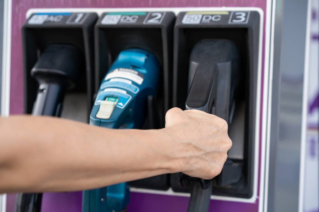 CCS type 2 EV charging connector at EV charging station