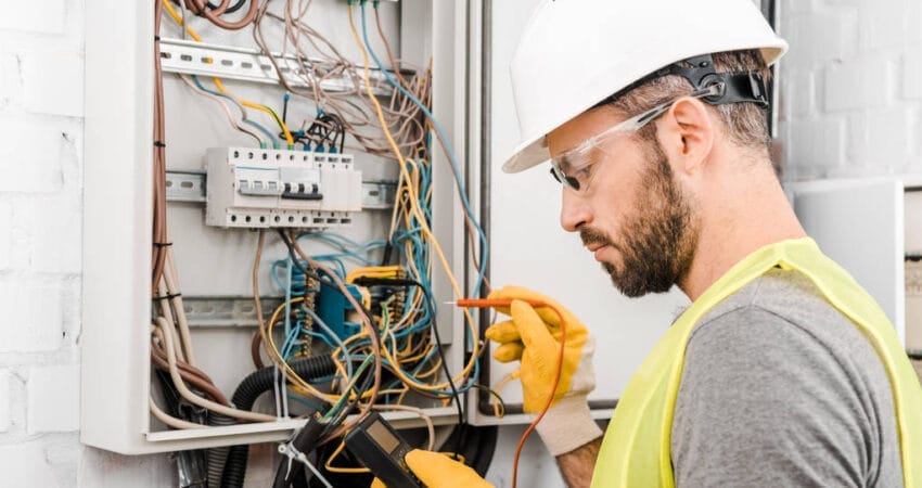 An electrician checking an electrical box.